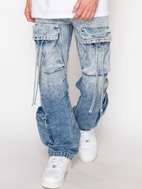 Men's Washed Blue Cargo Jeans with Drawstring Pockets